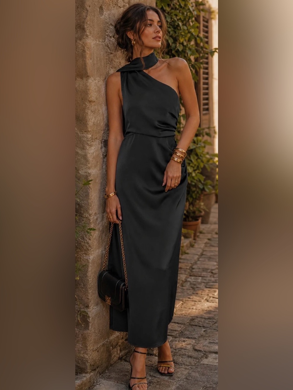 RIHOAS Black One Shoulder A-Line Maxi Dress